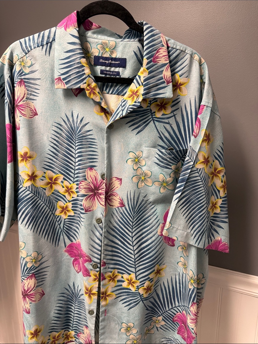 Tommy Bahama Light Blue Hawaiian Shirt with Pink & Yellow Floral Print